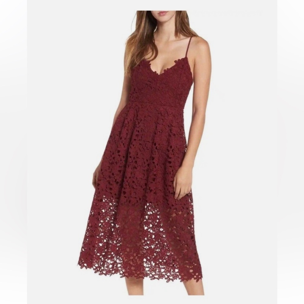 ASTR the Label cranberry lace spaghetti strap tea length dress size S - Picture 2 of 14